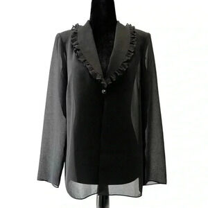 Vintage Marsellis Sheer Blouse Ruffle Collar Open Long  Sleeve Black Medium